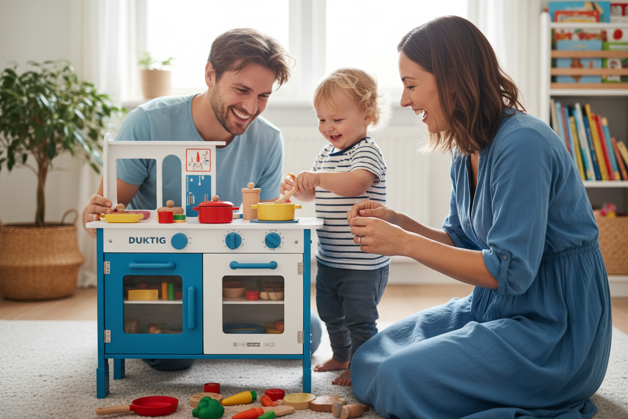 vader en moeder die spelen met een kind in ikea kinderkeuken
